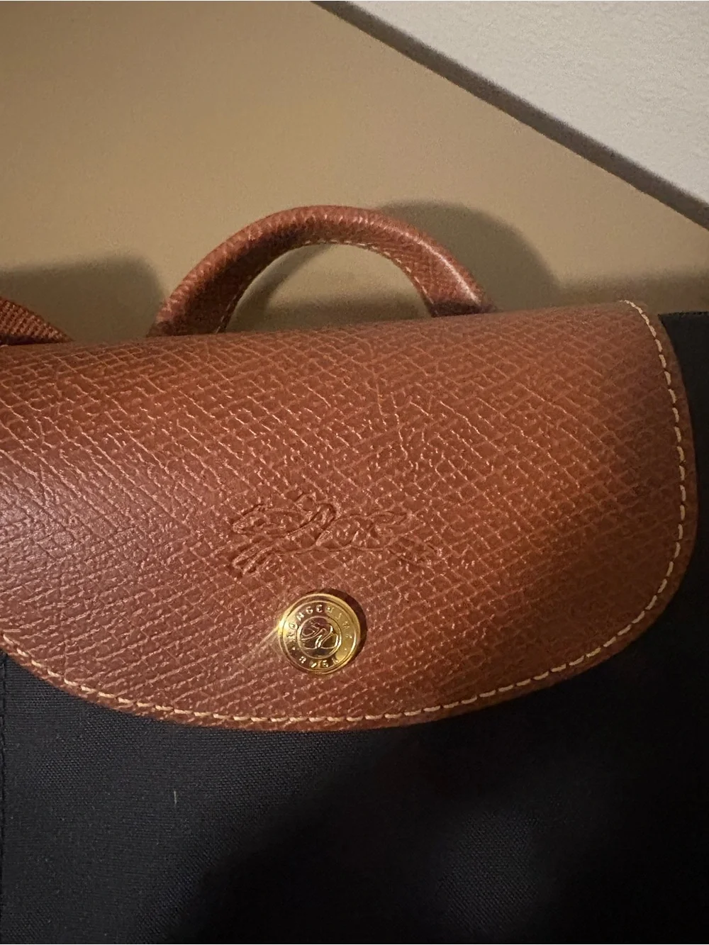 Longchamp Black Nylon Backpack with Brown Leather Trim
